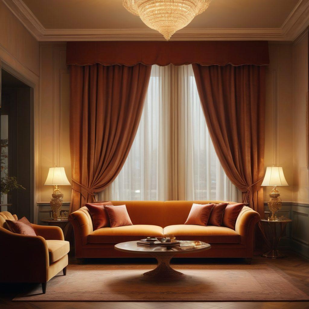 A dimly lit, elegant room with soft, warm lighting showcasing a luxurious velvet couch adorned with plush pillows. In the center, a silhouette of a curvy star gracefully poses, blending sensuality and allure with a subtle hint of mystery. Surrounding her are hints of video frames displaying intimate shows and passionate moments. Include elements like delicate curtains billowing, a hint of soft music notes, and a vintage camera. super-realistic. warm tones. inviting atmosphere.